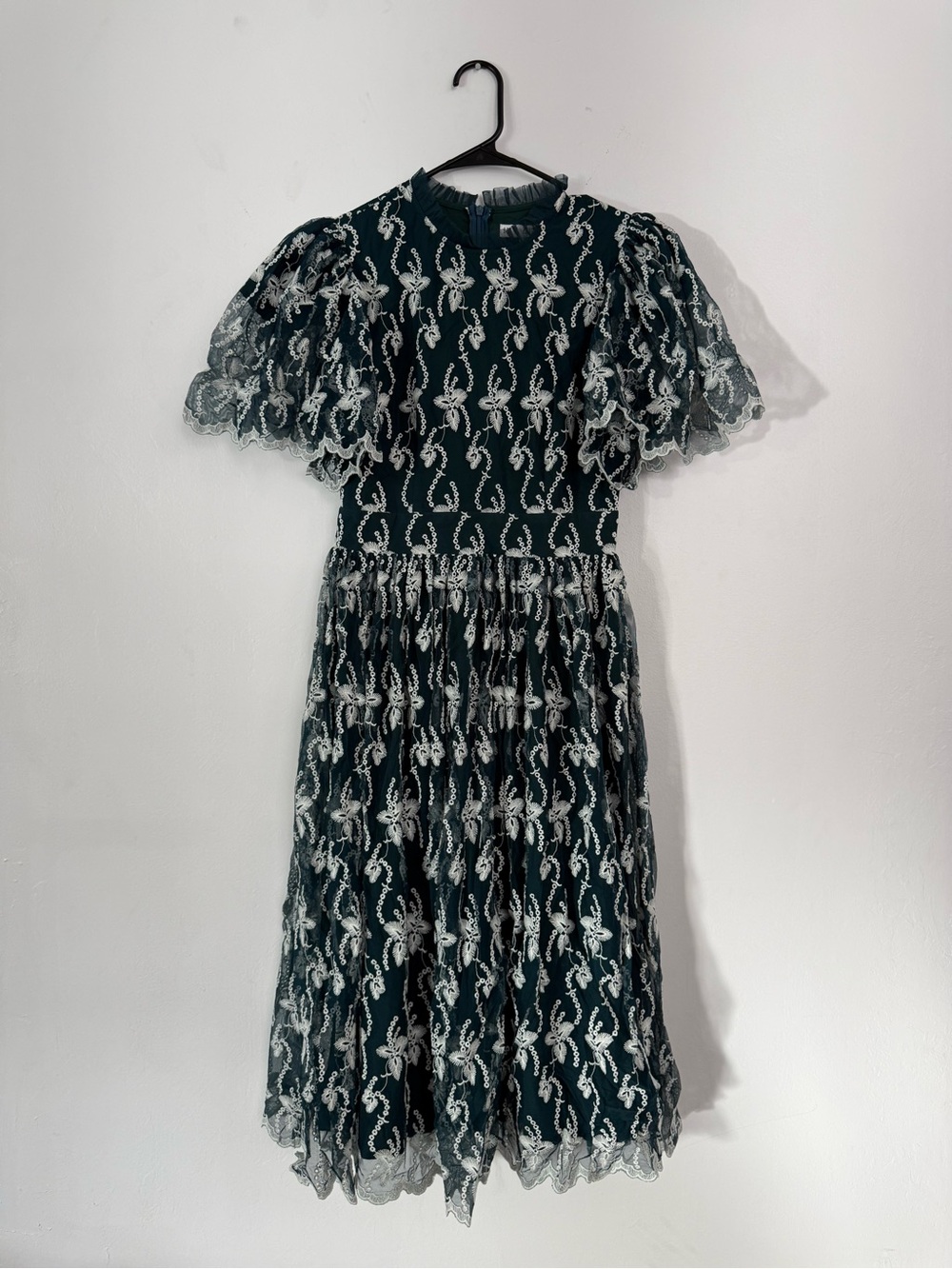 Ivy City Co Dark Green Midi Dress with White Lace Embroidery